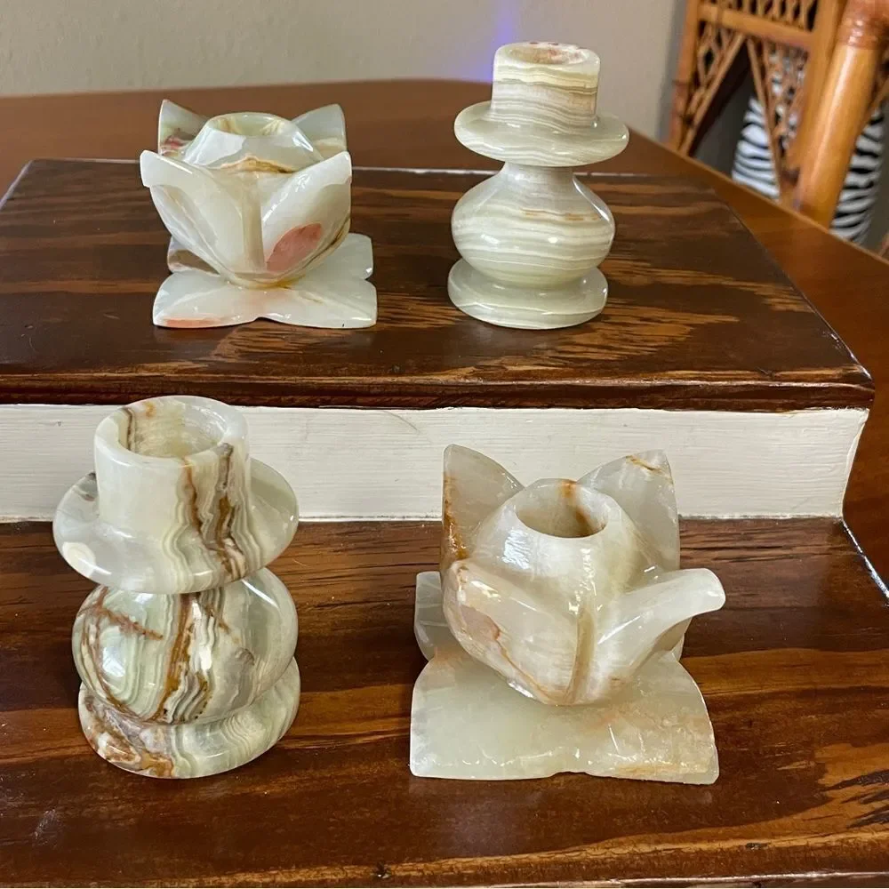 Vintage Set of 4 Elegant Onyx Candle Holders Green Cream Tan